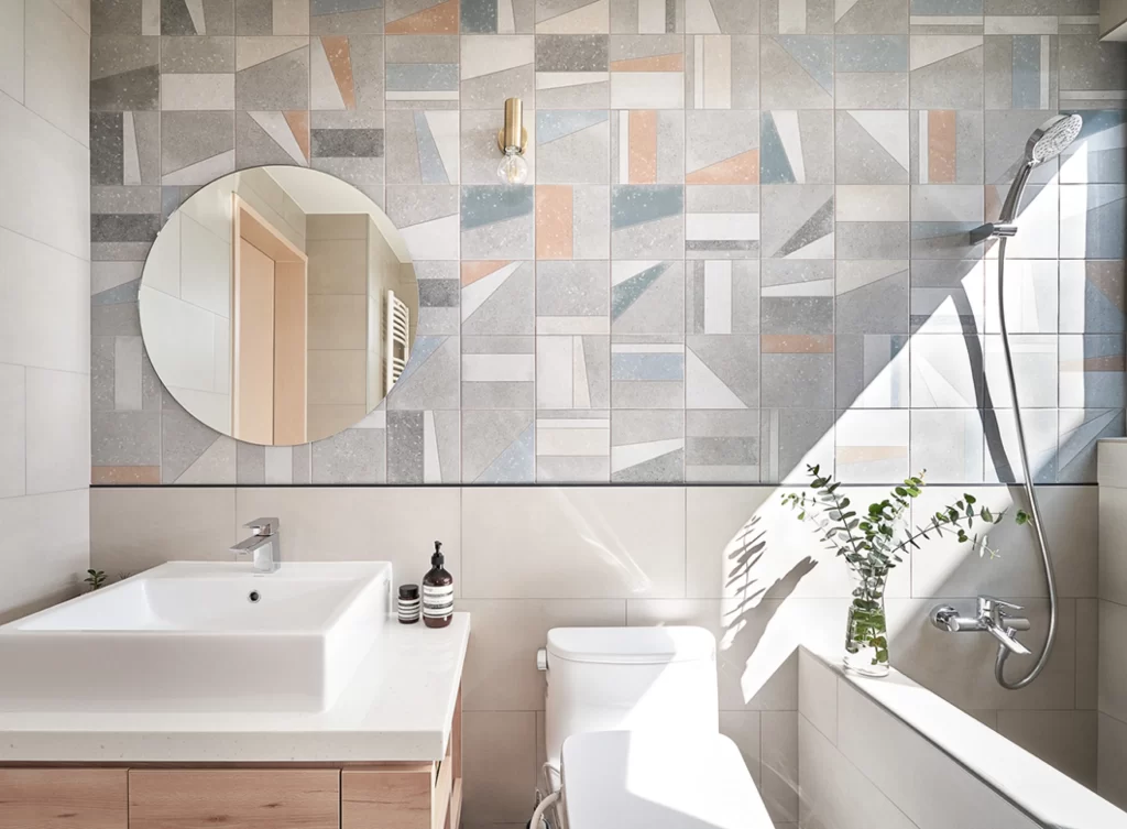 Bathroom Geometric Tiles Neutral Color Palette Modern Minimalist
