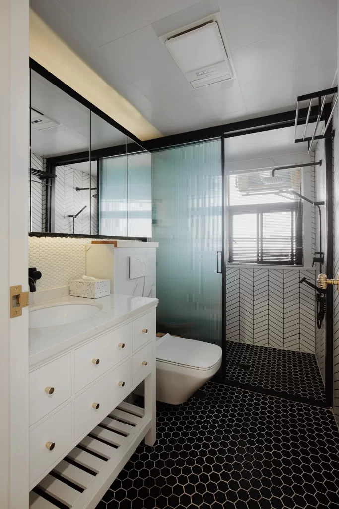 Bathroom Modern Black White Hexagon Tiles Frosted Glass