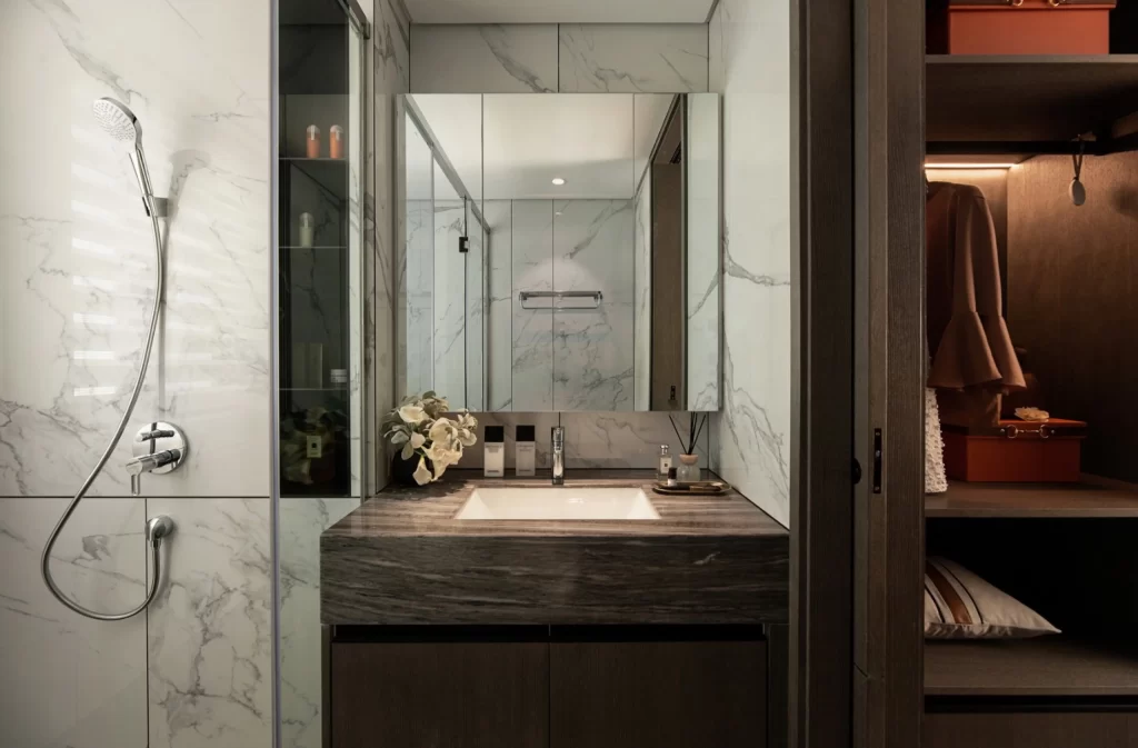 Bathroom Modern Marble Neutral Dark Wood