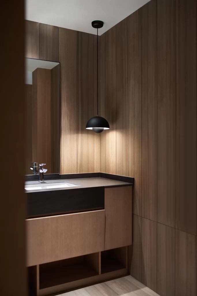Bathroom Modern Minimalist Dark Wood Neutral Tones