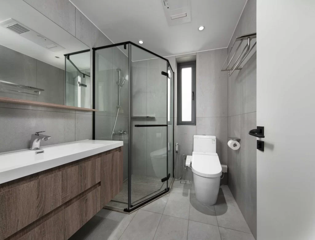 Bathroom Modern Minimalist Grey Neutral Glass Wood
