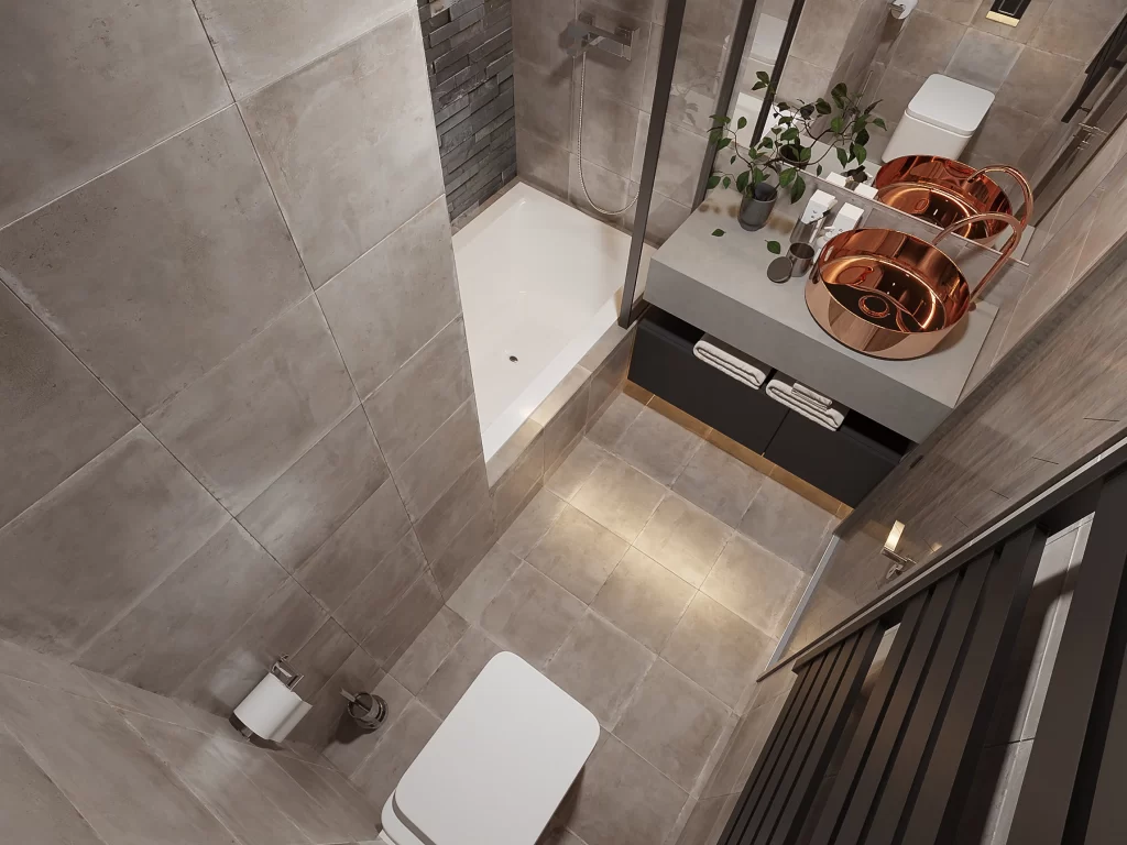 Bathroom Modern Minimalist Neutral Gray Copper Accents