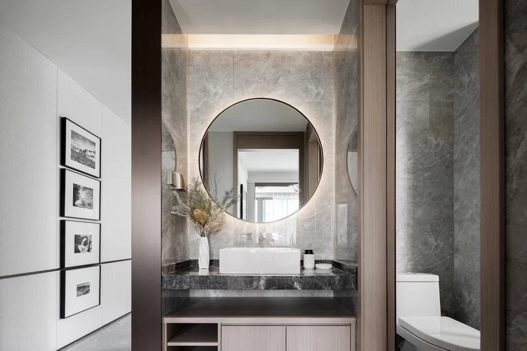 Bathroom Modern Minimalist Neutral Grey Marble Round Mirror