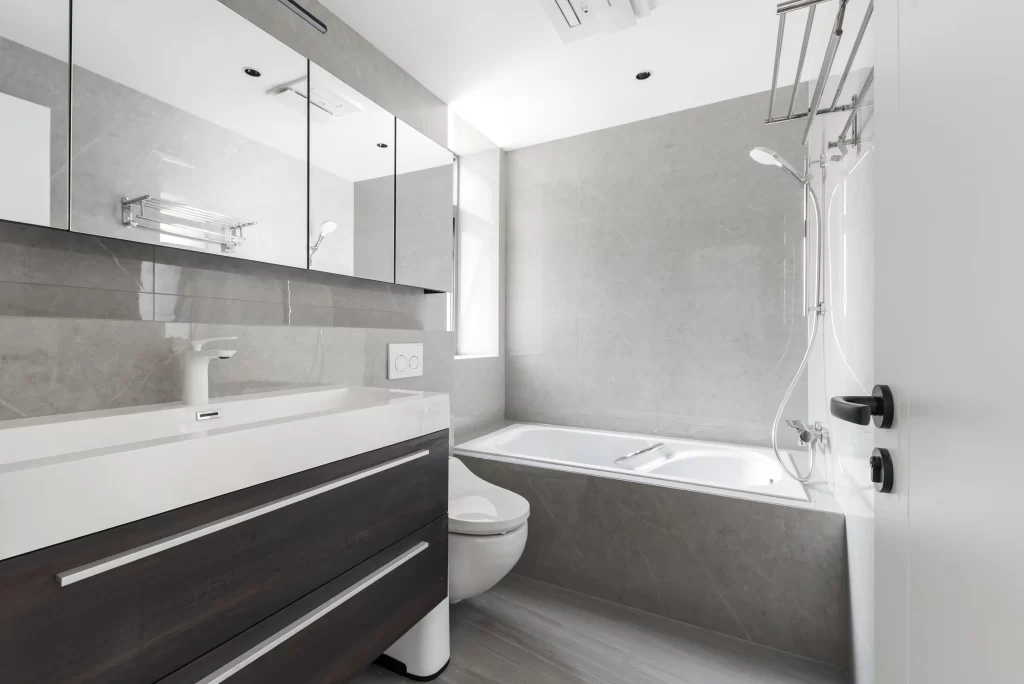 Bathroom Modern Minimalist Neutral Grey White Frosted Glass