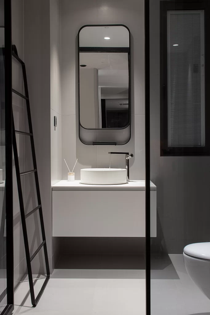 Bathroom Modern Minimalist White Neutral Black Accents