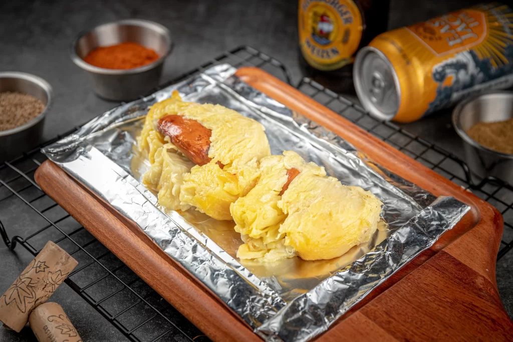 BBQ Sausage Wrapped in Egg Omelette Foil Tray