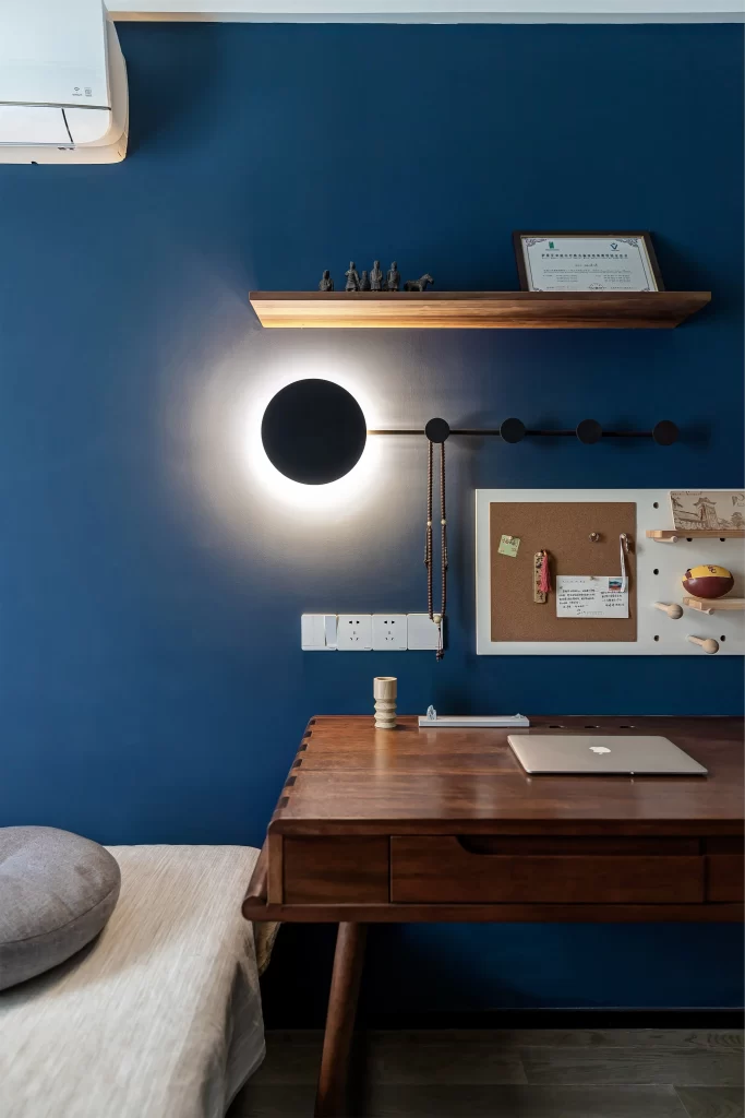 Bedroom Blue Wall Wooden Furniture Simple Functional