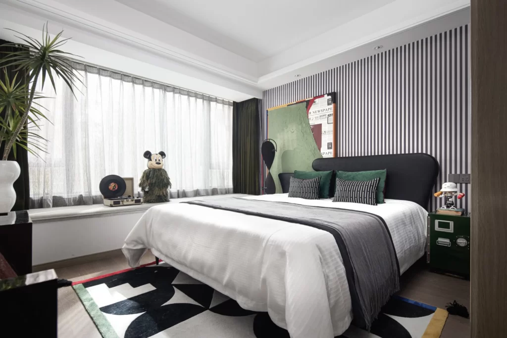 Bedroom Contemporary Black White Green Patterned Rug