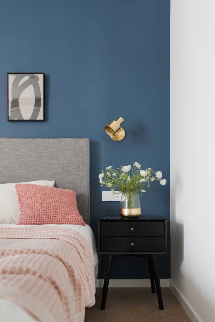 Bedroom Contemporary Blue Gray Pink Gold Accents