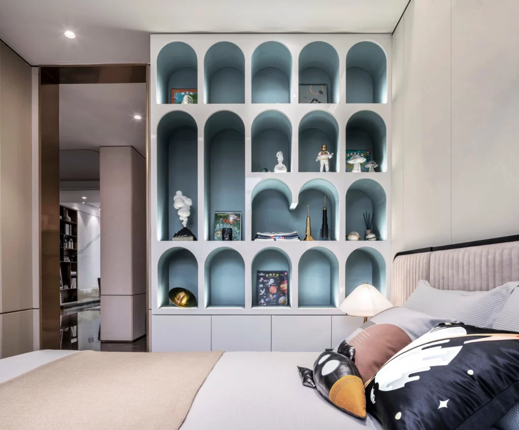 Bedroom Contemporary Blue White Arched Shelves Artistic Decor