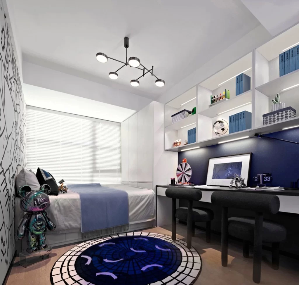 Bedroom Contemporary Blue White Black Minimalist