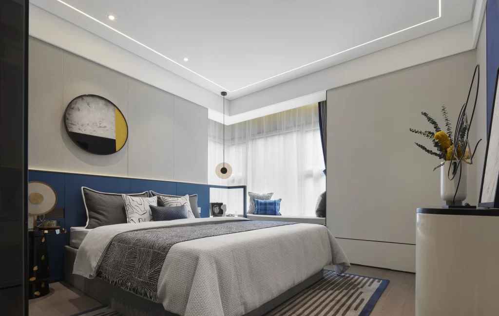 Bedroom Contemporary Blue White Neutral Geometric Patterns