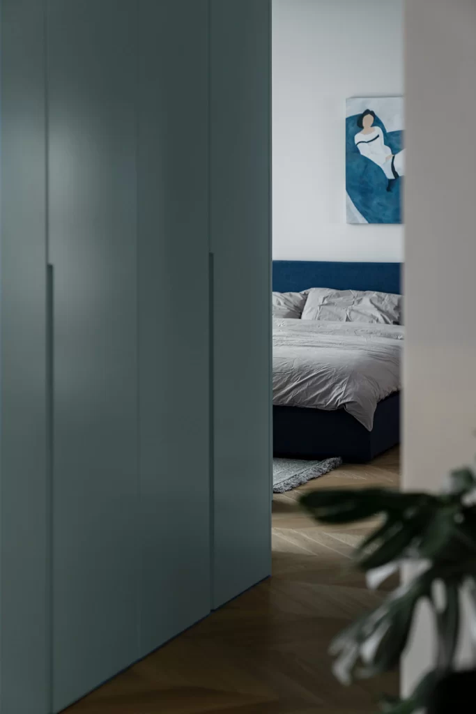 Bedroom Contemporary Blue White Neutral Wood