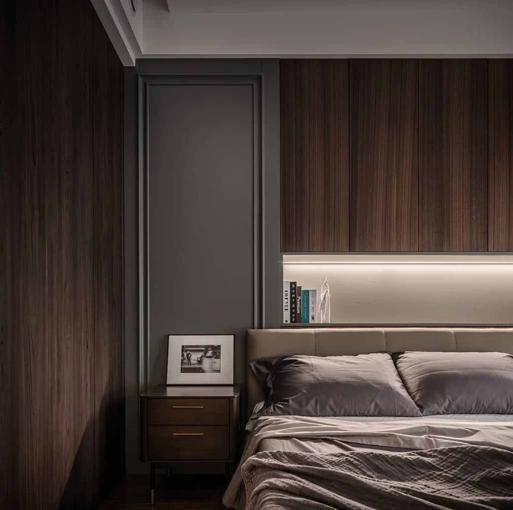 Bedroom Contemporary Dark Wood Neutral Tones Soft Lighting