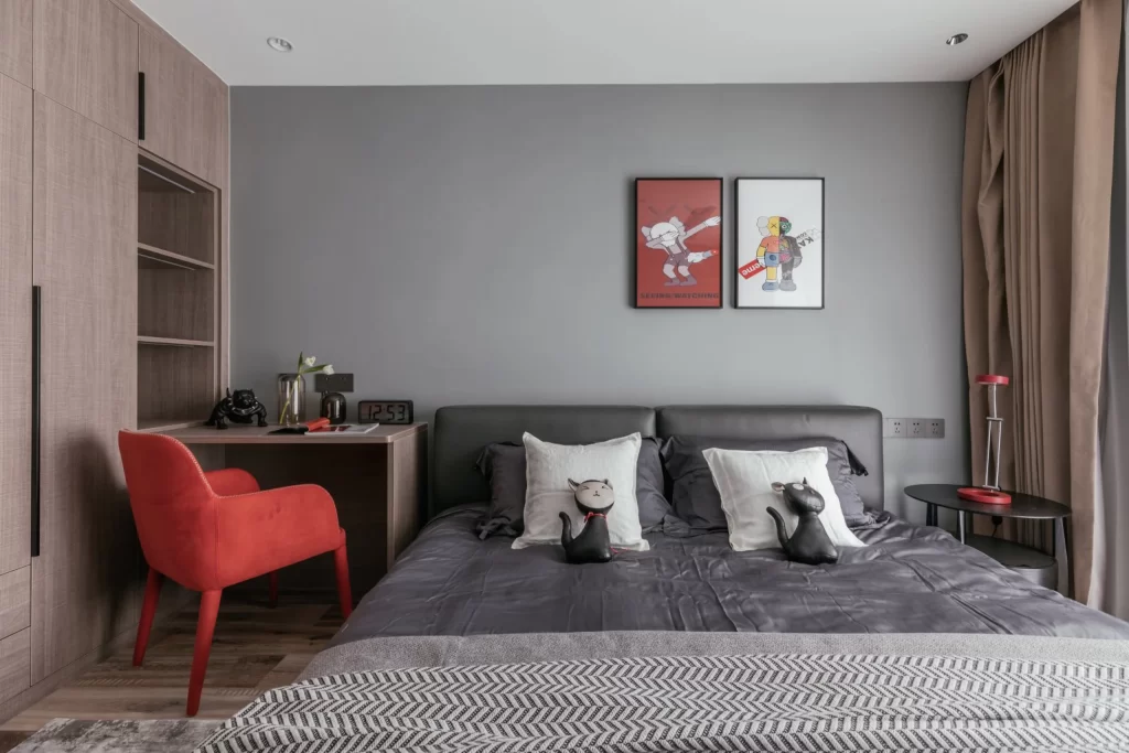 Bedroom Contemporary Gray Neutral Dark Wood Red Accents