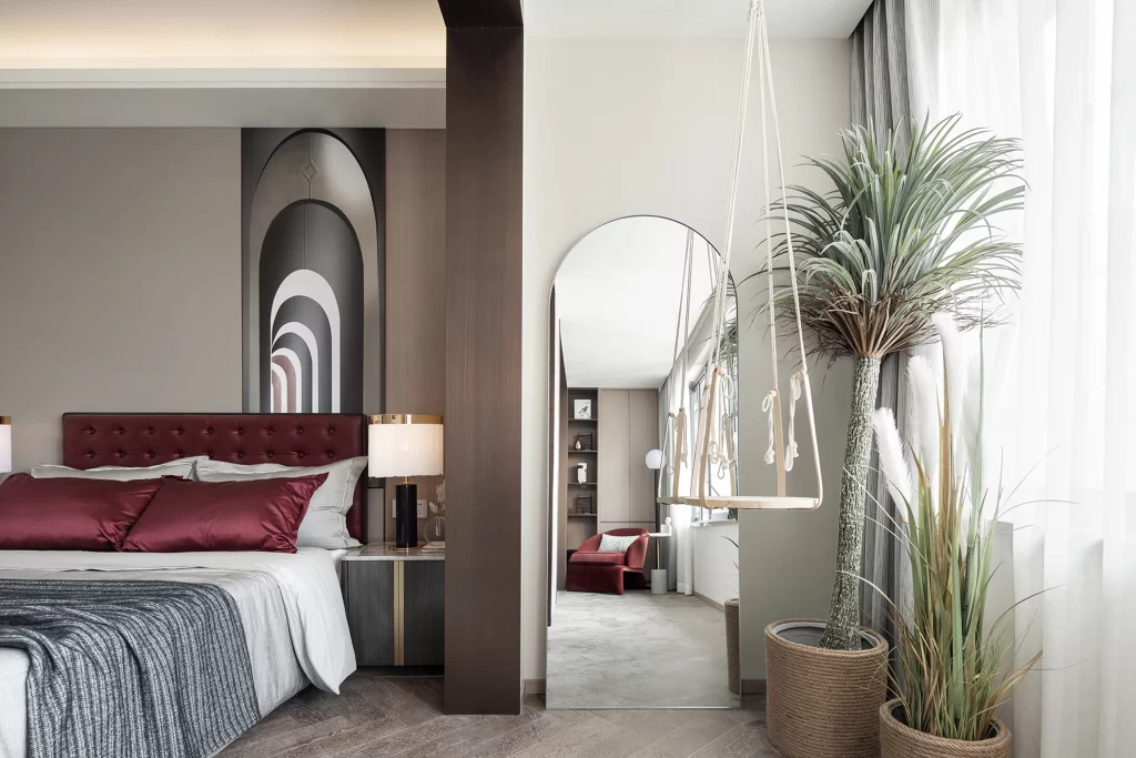 Bedroom Contemporary Neutral Beige Brown Greenery