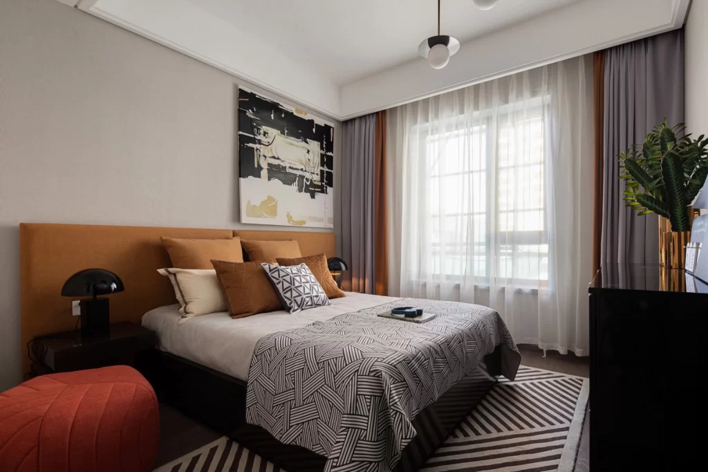 Bedroom Contemporary Neutral Beige Brown Patterned Rug Abstract Art