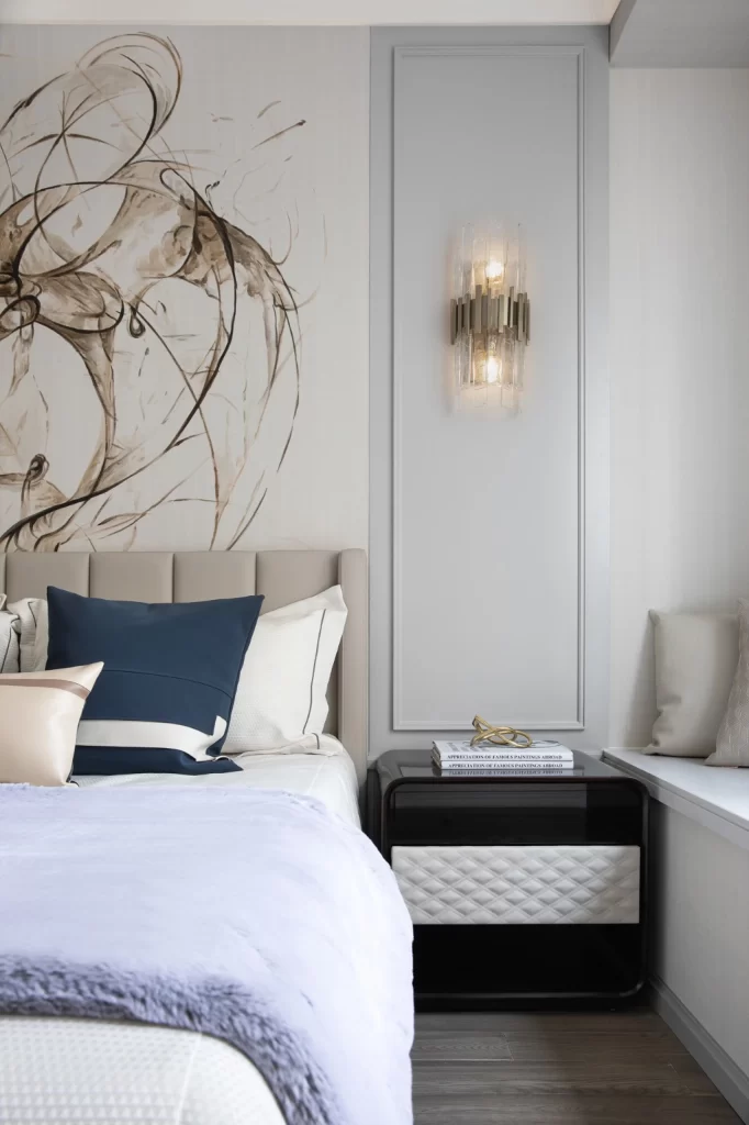 Bedroom Contemporary Neutral Beige Navy Blue Abstract Art