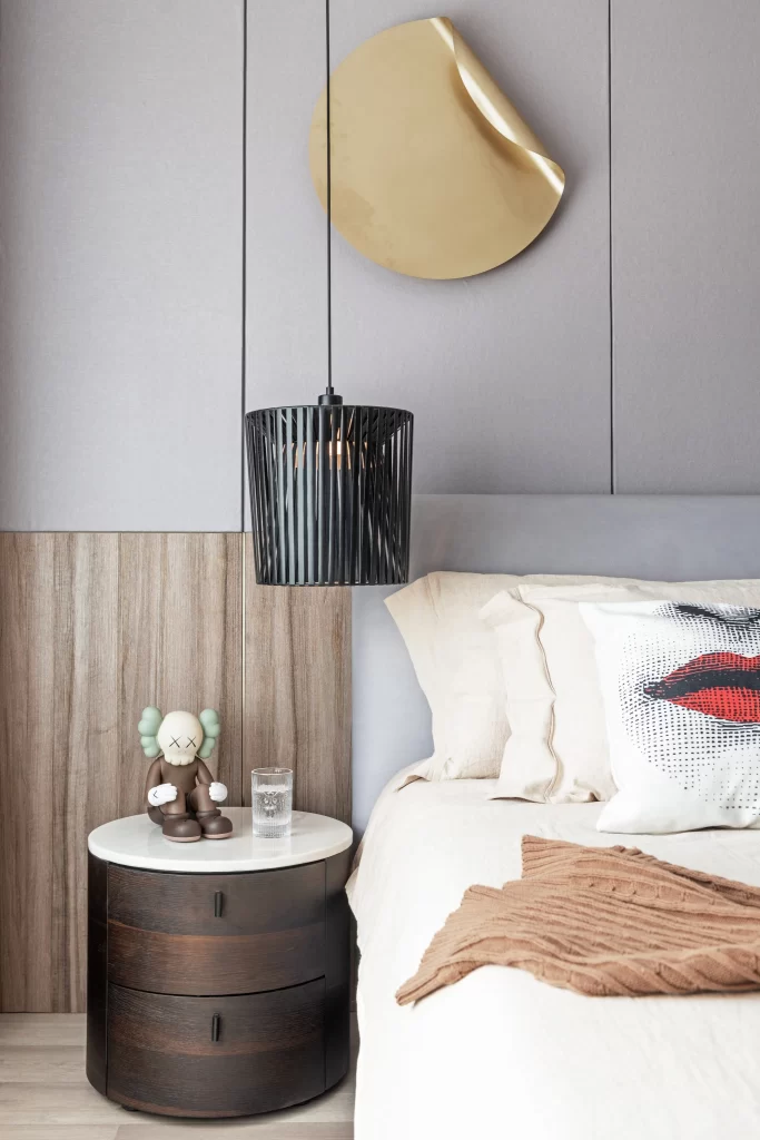 Bedroom Contemporary Neutral Beige Wood Accents Artistic Decor