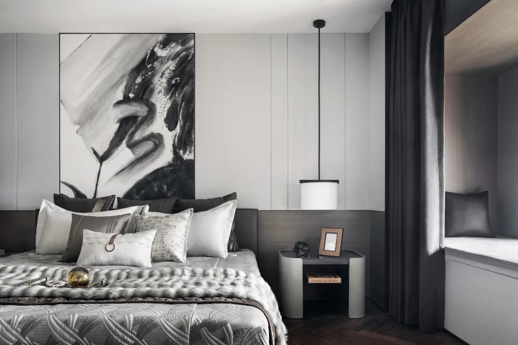 Bedroom Contemporary Neutral Black White Gray Geometric Art