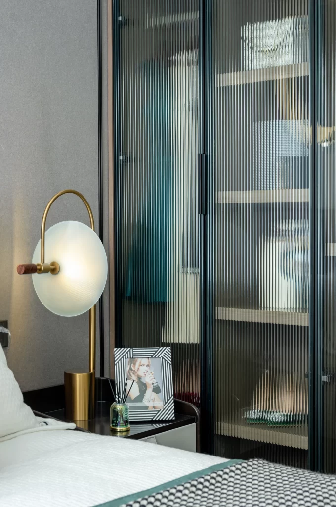 Bedroom Contemporary Neutral Gold Accents Glass Doors