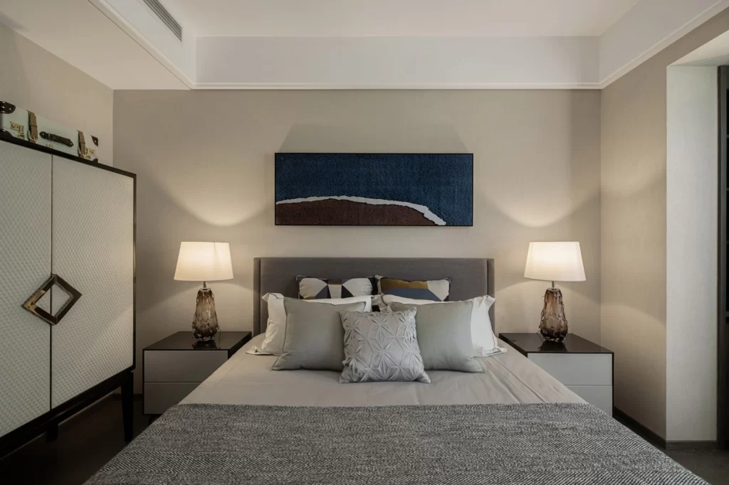 Bedroom Contemporary Neutral Gray Blue Accents Artistic