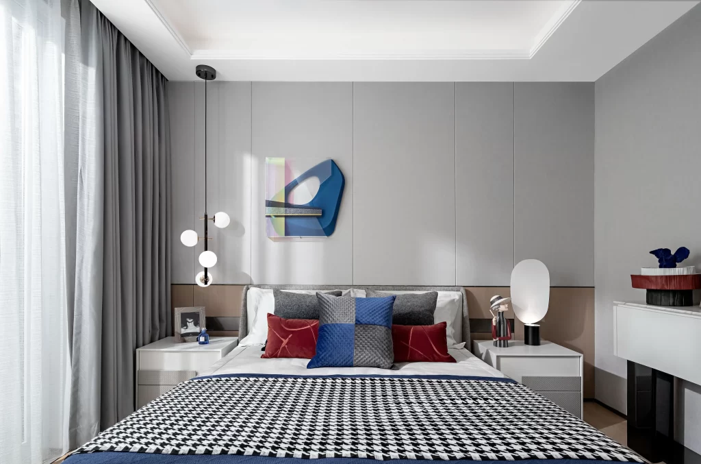 Bedroom Contemporary Neutral Gray Blue Red Patterned