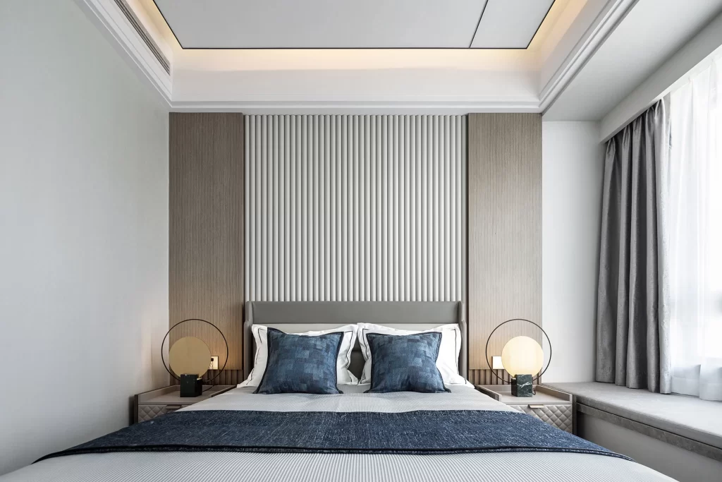 Bedroom Contemporary Neutral Gray Blue Textured Lighting