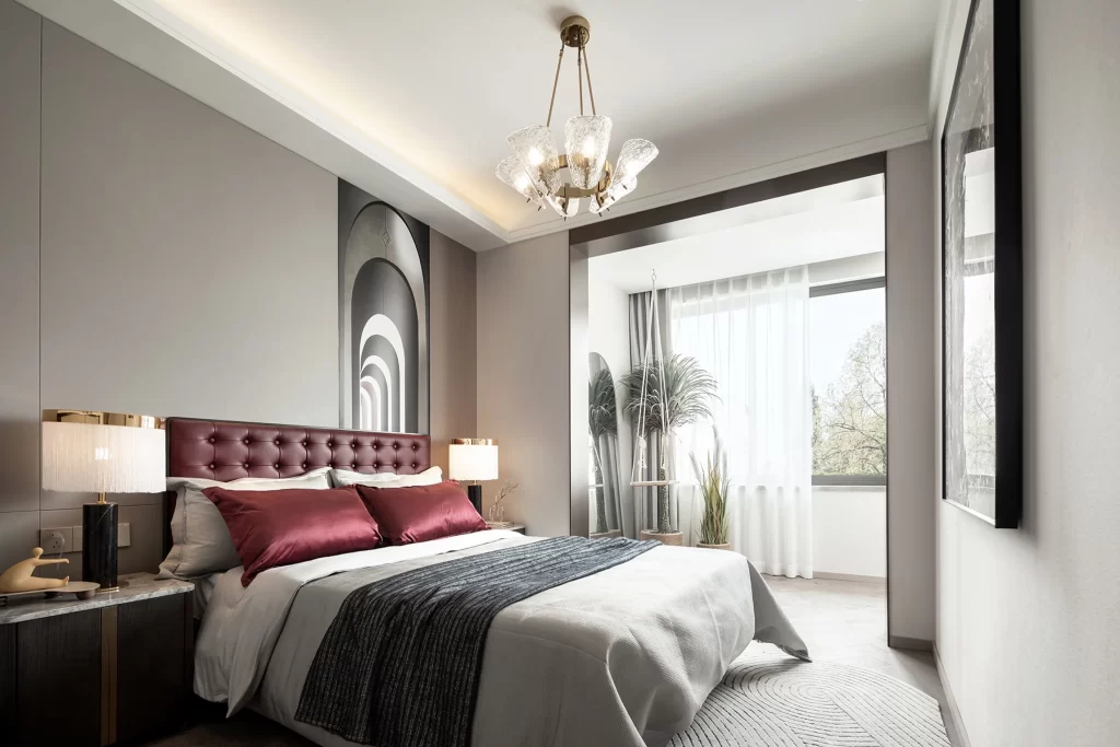 Bedroom Contemporary Neutral Gray Red Accents Modern