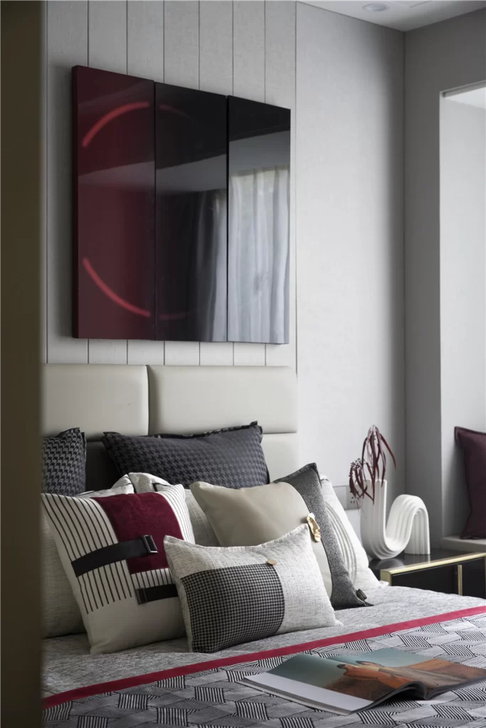 Bedroom Contemporary Neutral Gray Red Black White