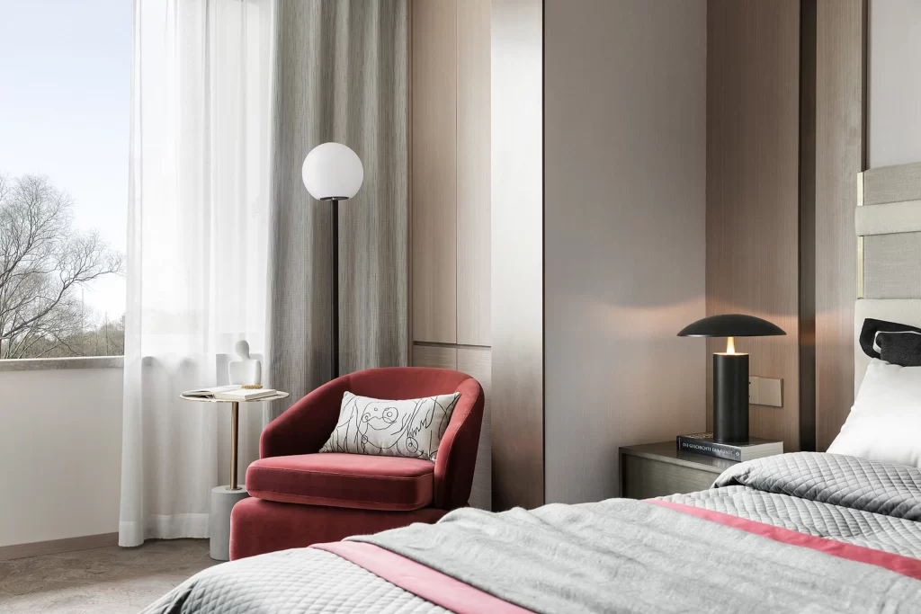 Bedroom Contemporary Neutral Gray Red Velvet Chair