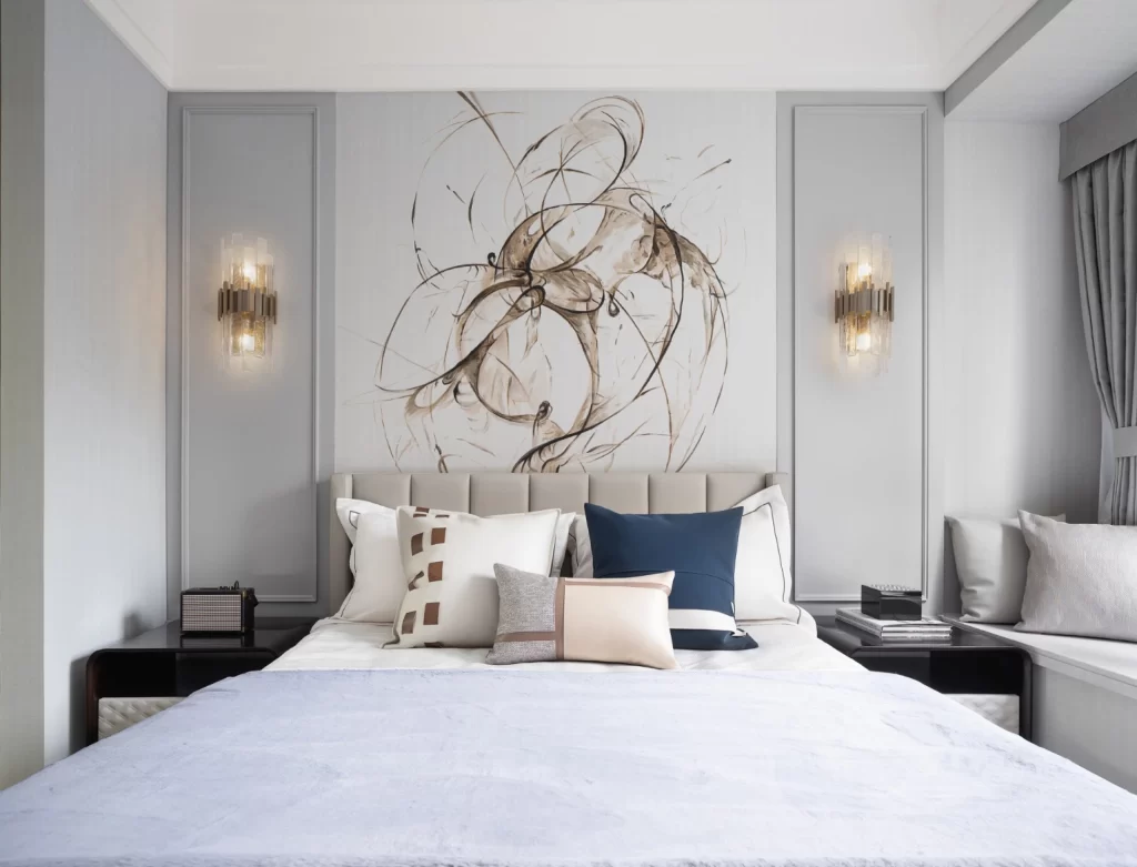Bedroom Contemporary Neutral Gray Soft Lighting Artistic Wall