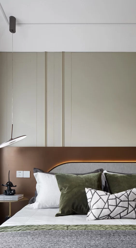 Bedroom Contemporary Neutral Green Accents Geometric Pattern