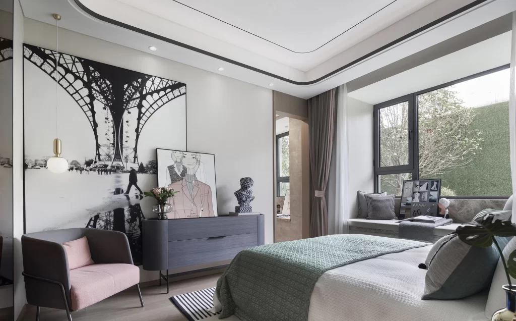 Bedroom Contemporary Neutral Green Gray Black White