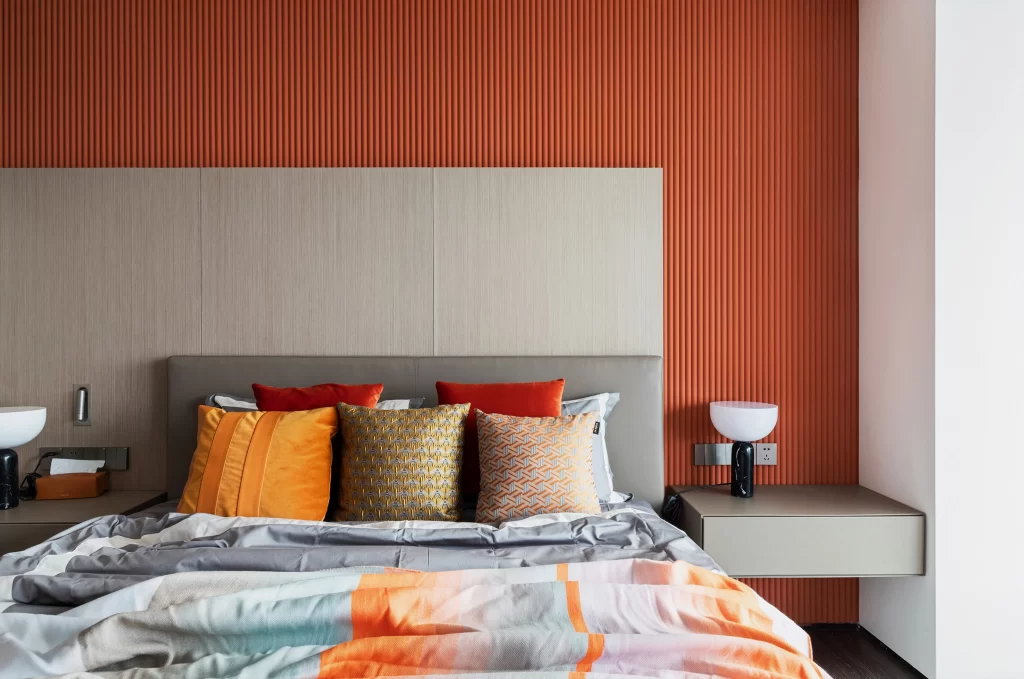 Bedroom Contemporary Neutral Orange Accents Patterned Pillows