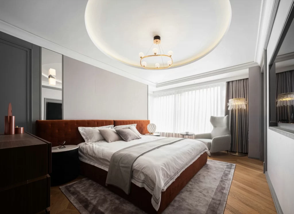 Bedroom Contemporary Neutral Warm Tones Wood Accents