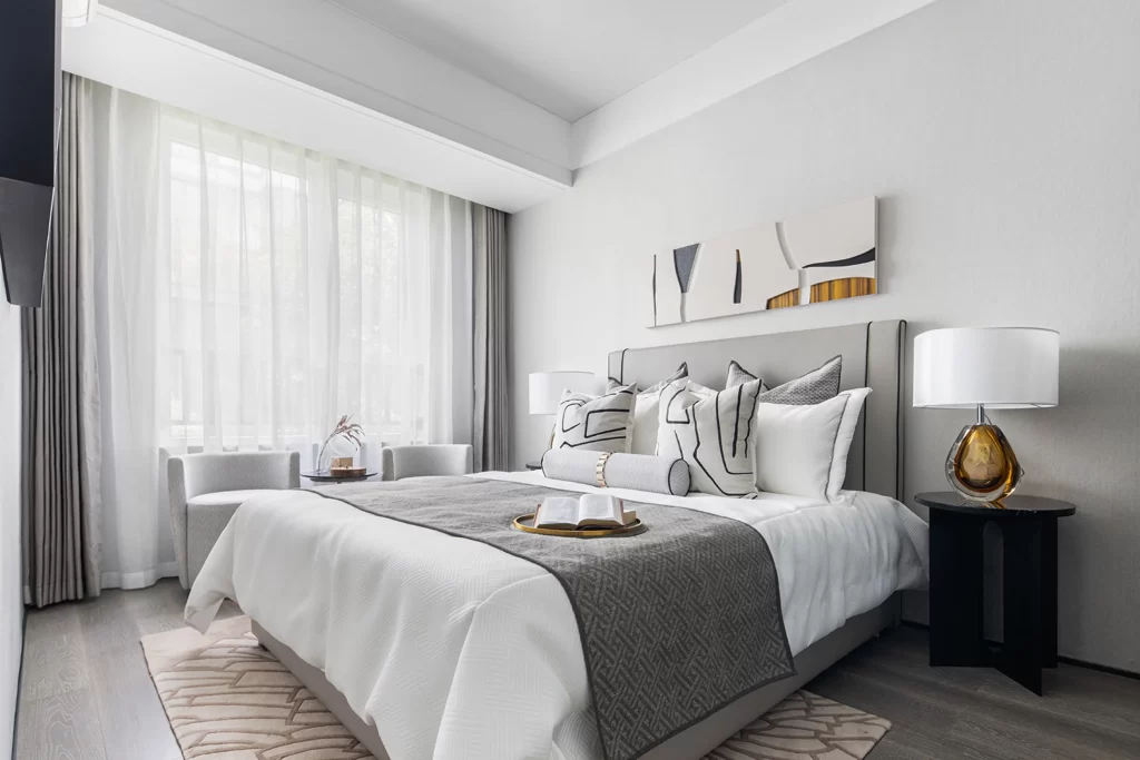Bedroom Contemporary Neutral White Gray Patterned Rug