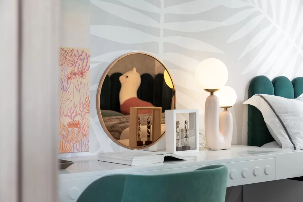 Bedroom Contemporary Pastel Green White Gold Accents