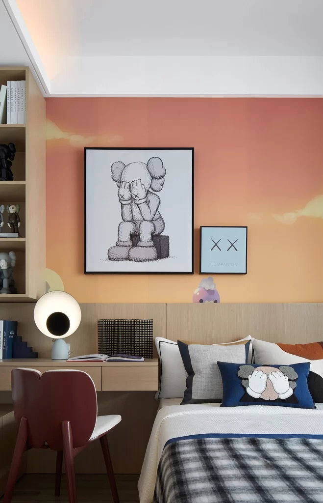Bedroom Contemporary Pastel Orange Neutral Plaid Pattern