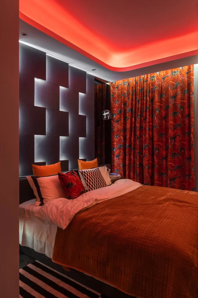 Bedroom Contemporary Red Black Patterned Curtains Geometric Wall