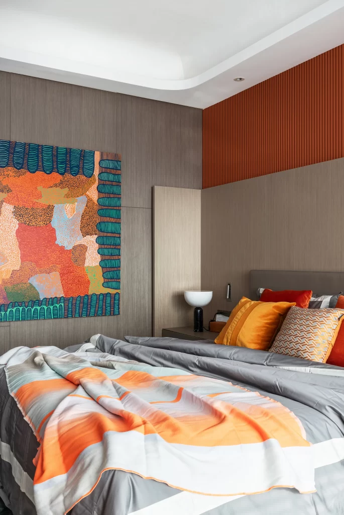 Bedroom Contemporary Warm Tones Abstract Art Patterned Pillows