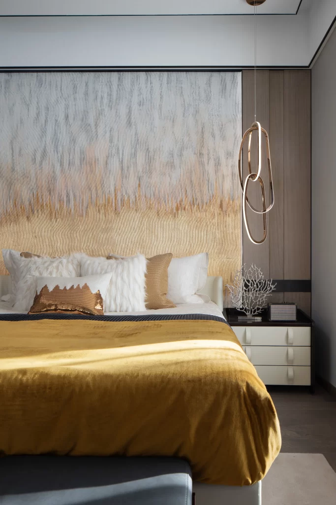 Bedroom Contemporary Warm Tones Gold Accents Textured Wall