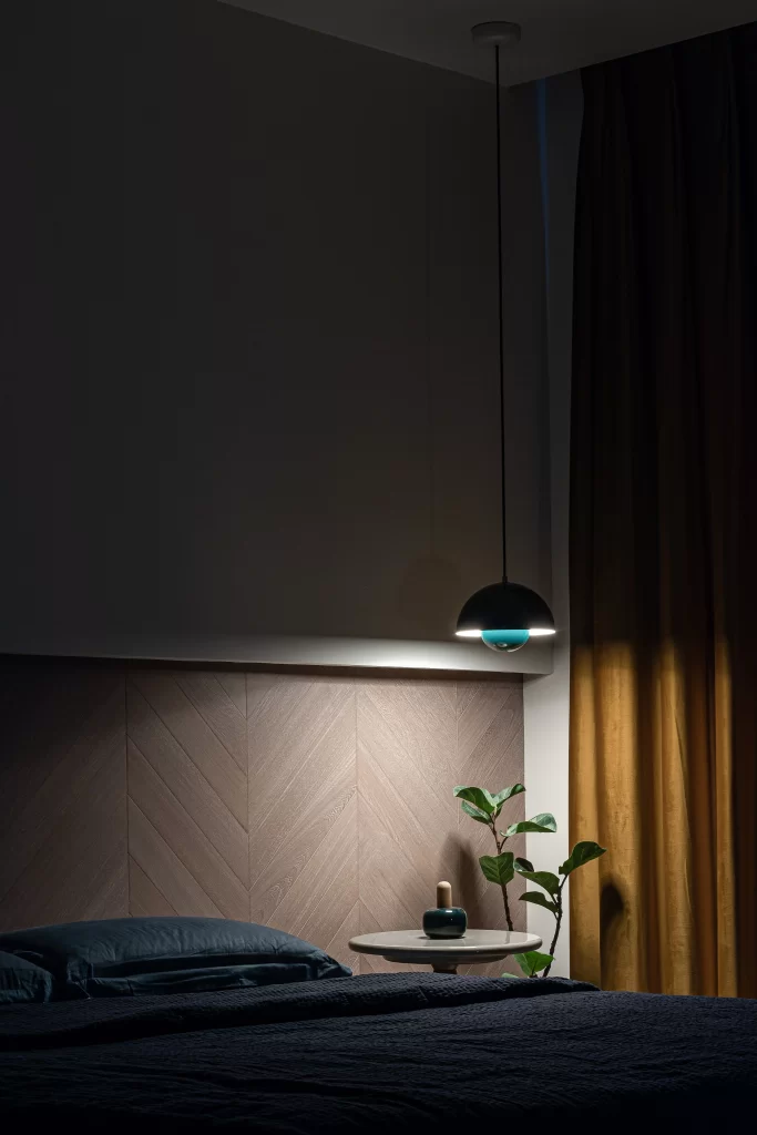 Bedroom Dark Blue Neutral Wood Paneling Pendant Light