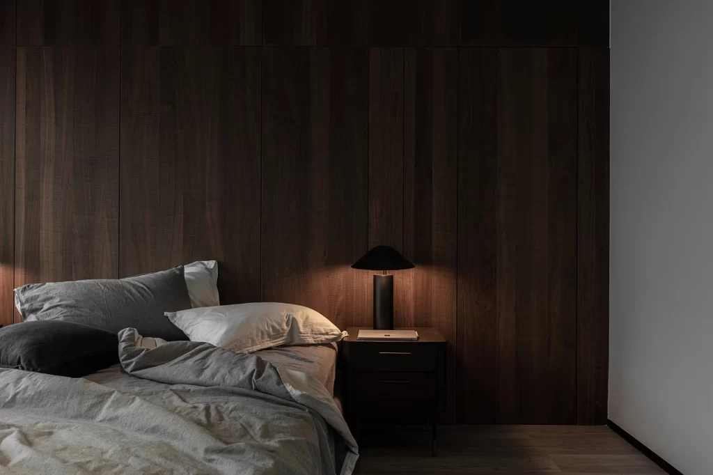 Bedroom Dark Wood Neutral Gray Simple