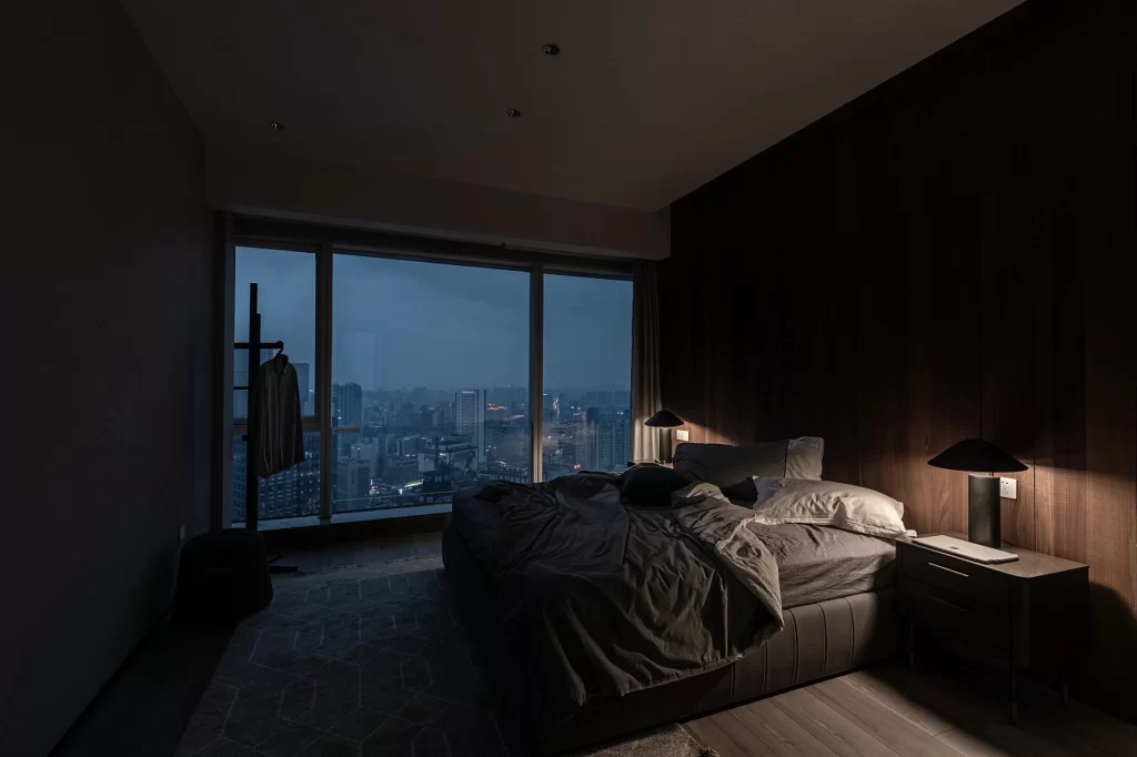 Bedroom Dark Wood Neutral Tones Urban View Cozy