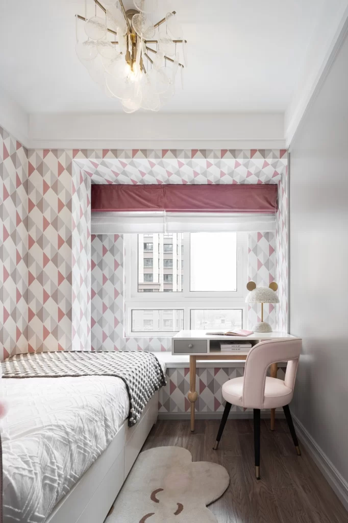 Bedroom Geometric Patterns Pink White Wood Floor