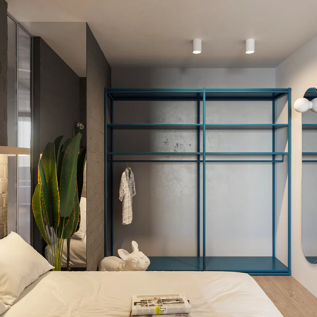 Bedroom Industrial Blue Minimalist Open Shelving Neutral Tones