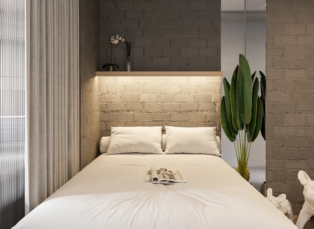 Bedroom Industrial Brick Wall White Neutral Greenery