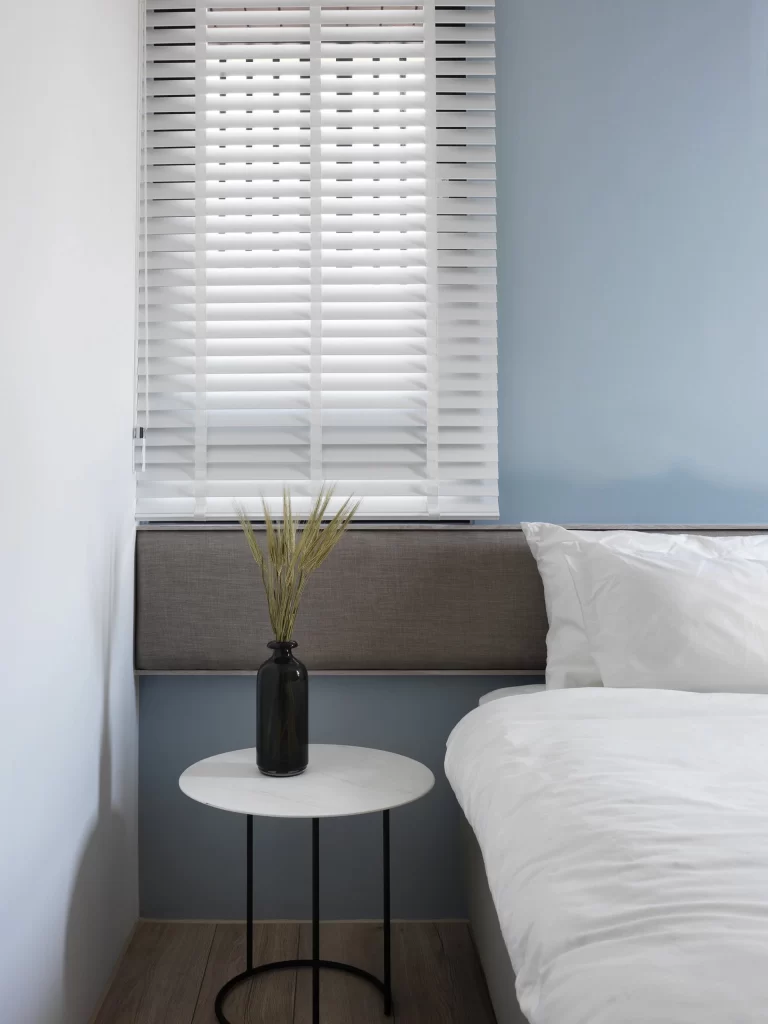 Bedroom Minimalist White Blue Neutral Wood
