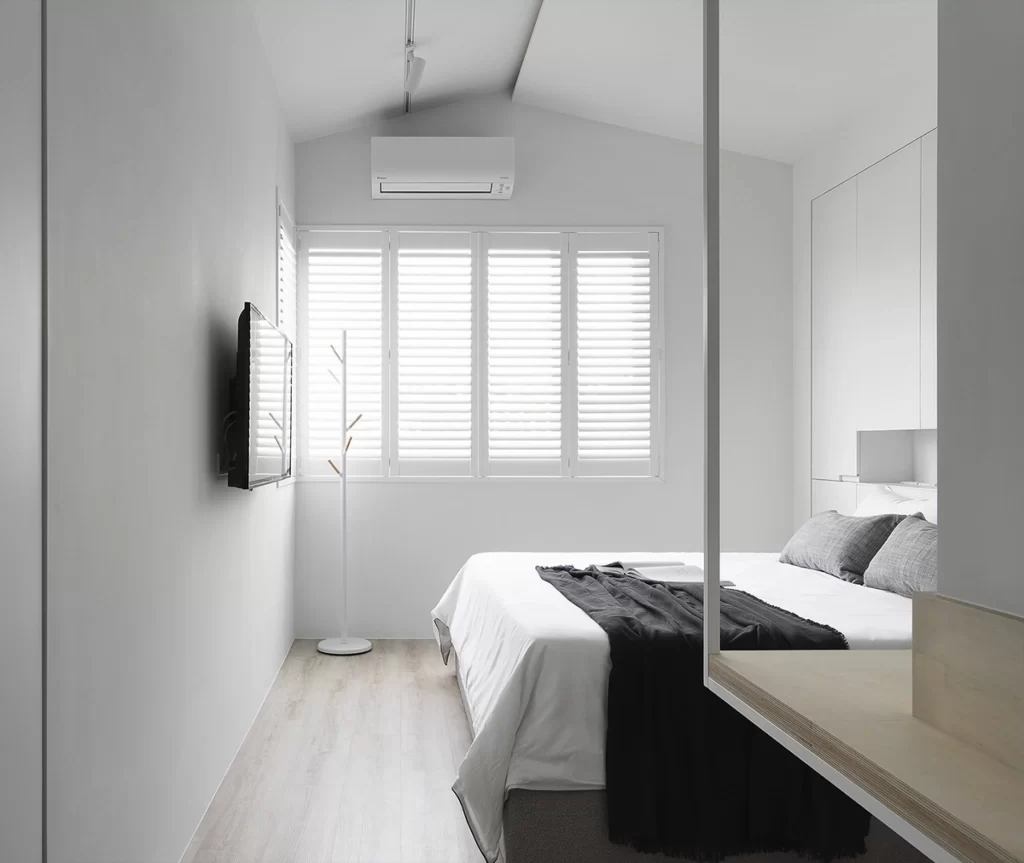 Bedroom Minimalist White Neutral Wood Floor Air Conditioning